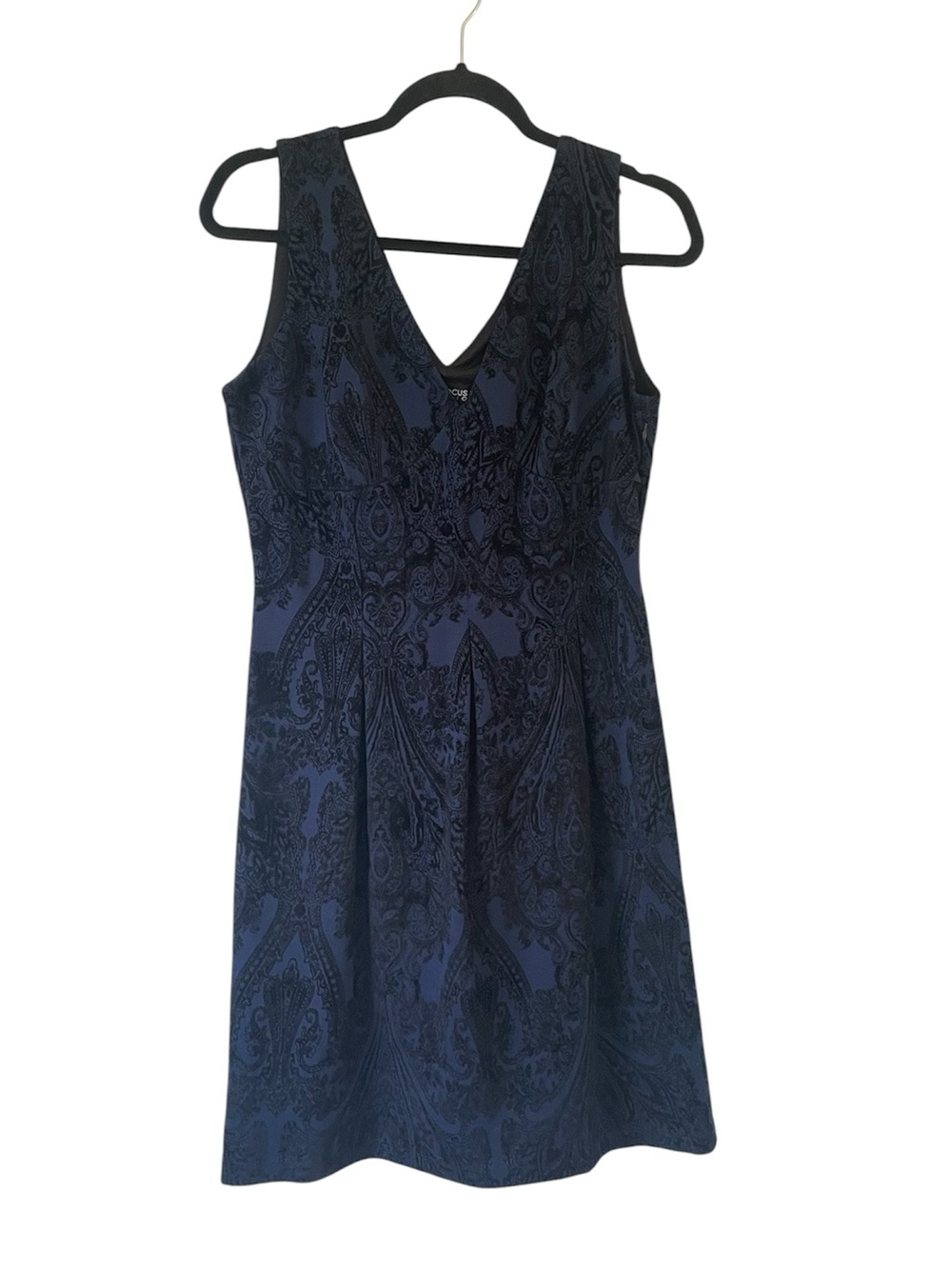 Enfocus Studio navy blue & black burnout velvet paisley print midi length dress